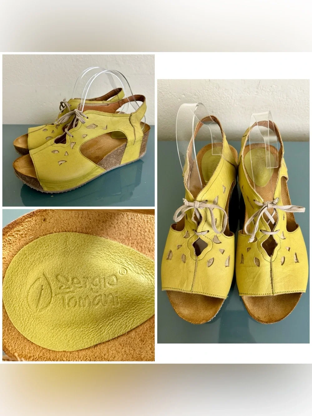 Sergio Tomani Patricia Lime Yellow Leather Wedge Sandal Sz EU 42 US 10.5-11